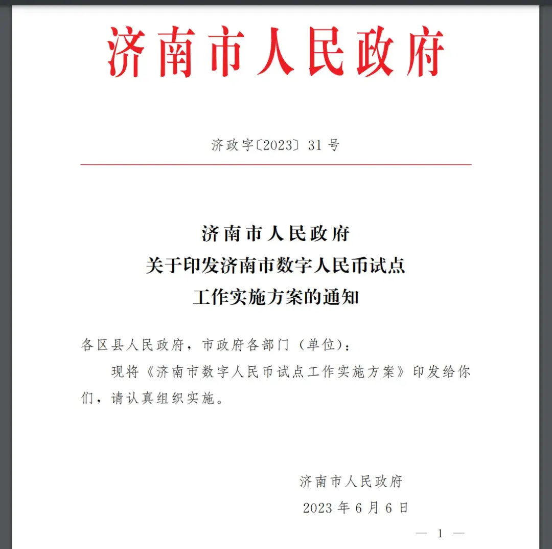 济南市数字人民币试点工作实施方案