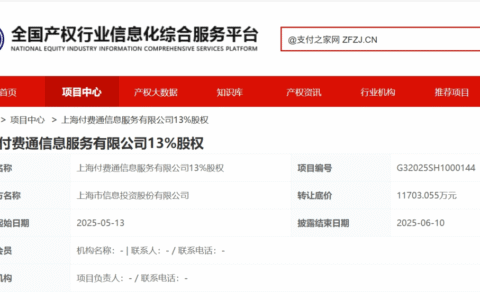 转让底价1.17亿元！上海这家持牌支付机构13%股权挂牌转让