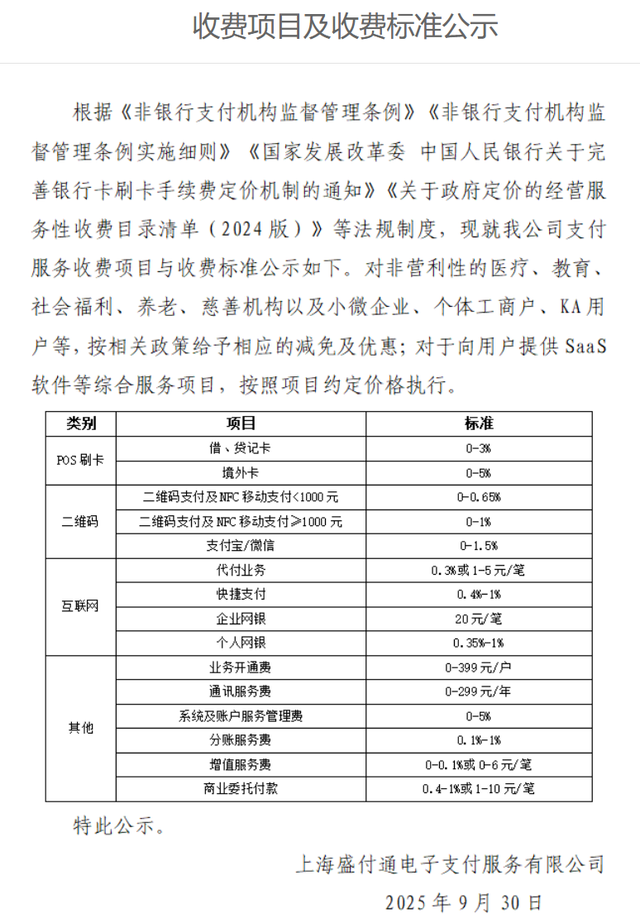 盛付通更新费率表,境内刷卡手续费上限至3%