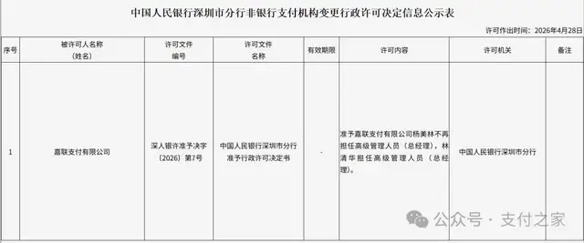 刚刚，嘉联支付总经理变更获批