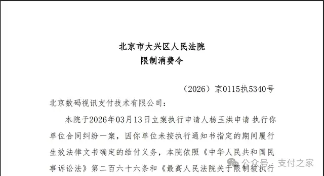 数码视讯旗下支付机构收“限制消费令”