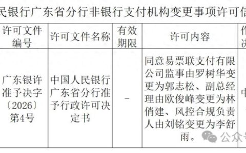 易票联支付风控合规负责人已变更！