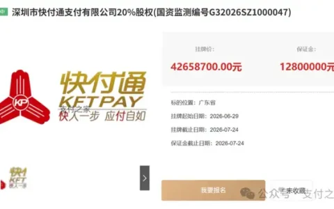 快付通支付公司，20%股权降价转让！