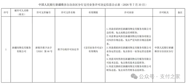 新疆闰物支付公司，高层换血！