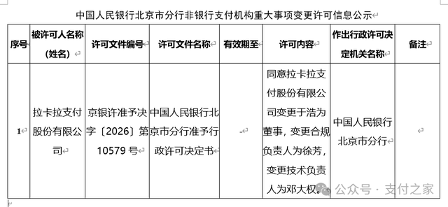 拉卡拉支付三项变更获批！