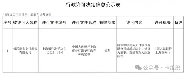 中国银联高管胡浩中，获批担任银联商务董事